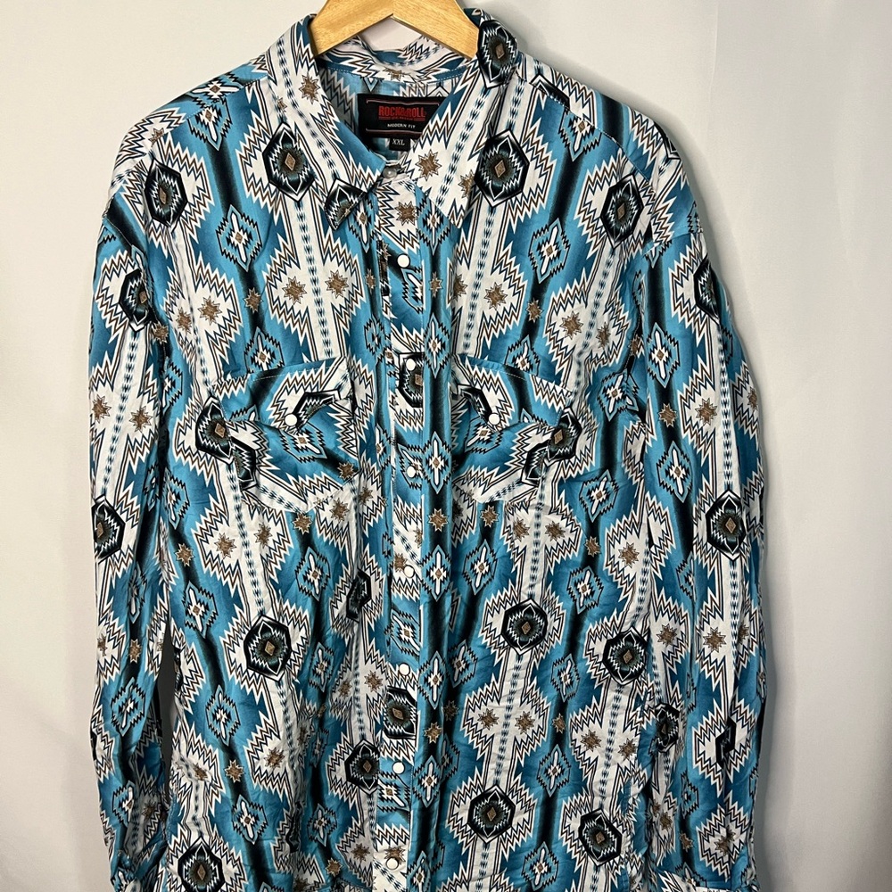 Men's Turquoise and White Western Shirt